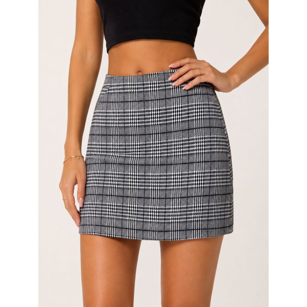 H&M Plaid Mini Skirt Black White Glen Check Career Office Preppy Y2K Size M